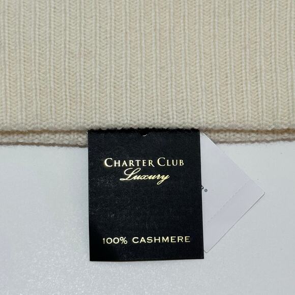 Women\'s Charter Club Luxury 100% Cashmere Bianco Crema Cuffed Beanie Hat